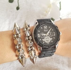 Black Watch with Silver Stud Bracelets